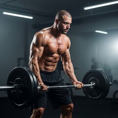 Muscular man performing barbell curls at a gym demonstrating strength and fitness goals.