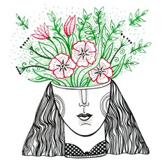 Illustration on white background. Hand drawn with pen and ink. "Growing a garden in your head".