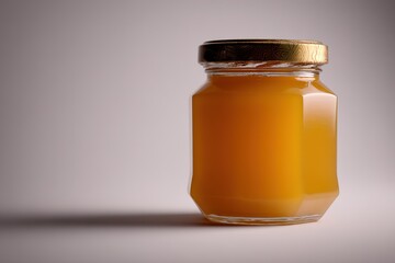 Honey jar glistening with golden hues illuminated by soft light on a neutral background