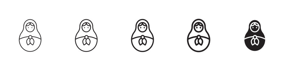 Nesting dolls icons in black outline, solid and colored style