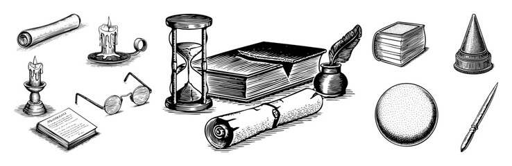 Vector Vintage writing tools and timekeeping objects .