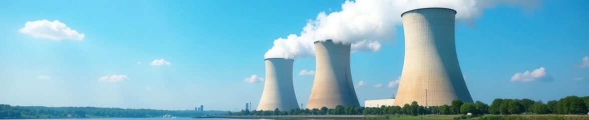 Massive cooling towers billowing white steam against vibrant blue sky , utility, structure