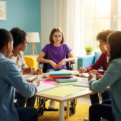 Fototapeta premium Diverse group of students collaborating around a table studying together at school