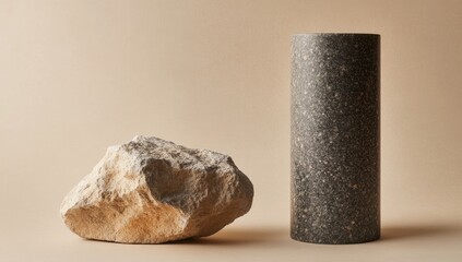 Stone and Cylinder on Beige Background