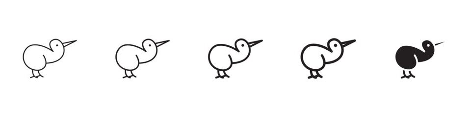 Kiwi bird icons in black outline, solid and colored style