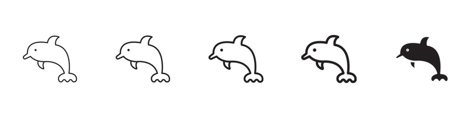 Dolphin icons in black outline, solid and colored style