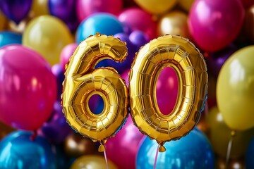 Golden number sixty balloons floating in front of colorful balloons celebrating sixtieth birthday party
