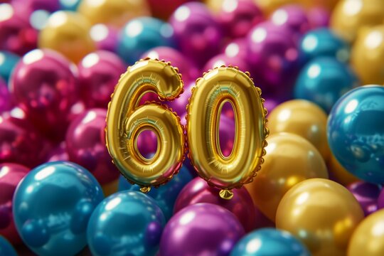Golden number sixty balloons floating in front of colorful balloons celebrating sixtieth birthday party