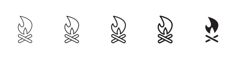 Campfire icons in black outline, solid and colored style