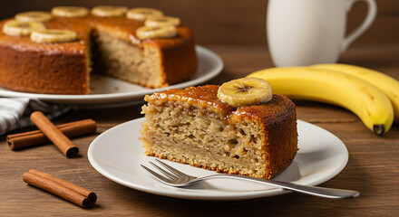 A slice of banana and cinnamon cake (bolo de banana com canela) with a caramelized banana top, served on a white plate, styled over a wooden kitchen table with soft cozy light and vintage atmosphere