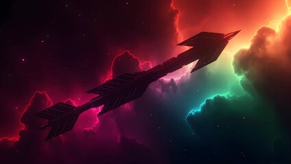Fototapeta premium An artistic arrow flying through a vibrant nebula with stars, representing concepts like direction, success, and innovation.