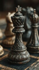 Detailed view of a carved chess king piece during a game on a wooden board