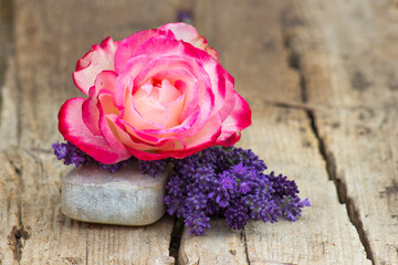 bar of natural soap, lavender flowers and rose