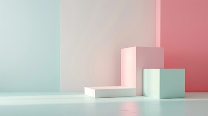 Pastel-colored, minimalist, geometric display podiums, soft lighting