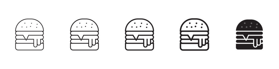 Cheese burger icons in black outline, solid and colored style