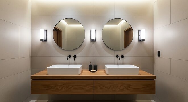 Modern bathroom interior with double sinks, round mirrors, and wooden vanity unit