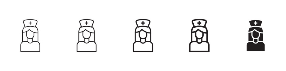 nurse icons in black outline, solid and colored style