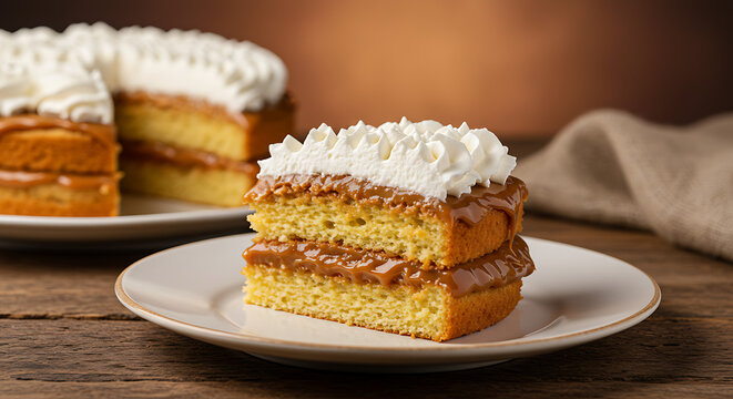 A slice of dulce de leche cake (bolo de doce de leite) with layers of sponge cake filled with rich doce de leite and topped with whipped cream, served on a white ceramic plate, rustic background 