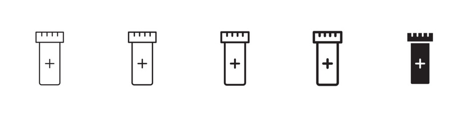 Prescription bottle icons in black outline, solid and colored style