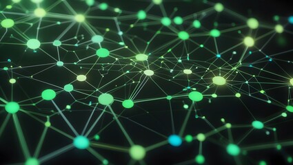 Obraz premium Network Connection: Abstract representation of a network connection, showing nodes and lines connecting in a complex pattern, using a vibrant color palette of green and blue hues on a dark background.