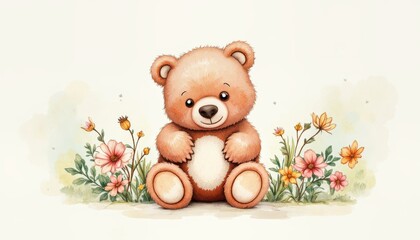 Cute bear illustration surrounded by colorful flowers whimsical art indoor setting playful mood