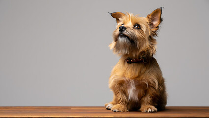 Small Brown Dog Sitting on Wooden Table Against Gray Background