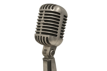 Vintage microphone standing against transparent backdrop, representing classic radio broadcasting era