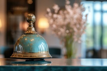 Teal reception bell on polished counter