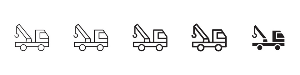 Tow truck icons in black outline, solid and colored style