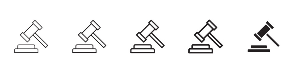 Gavel icons in black outline, solid and colored style
