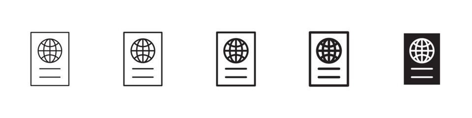 Passport icons in black outline, solid and colored style
