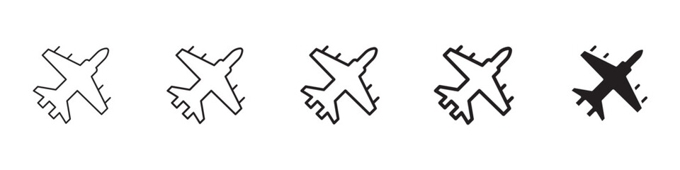 Fighter jet icons in black outline, solid and colored style