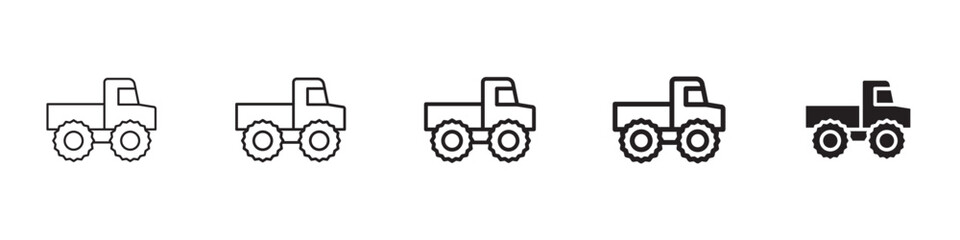 Monster truck icons in black outline, solid and colored style