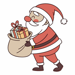 Jolly santa claus carrying a bag of gifts