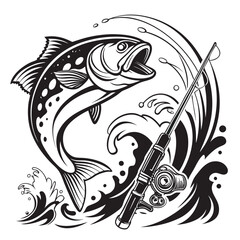 Fototapeta premium Jumping Trout with Rod – Black and White Fishing Vector Set