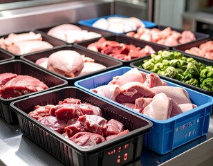 Fresh Meat Selection Various Cuts of Pork Beef and Poultry in Trays