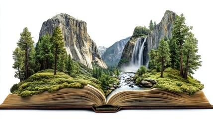 An open book revealing a lush landscape with mountains, trees, and a waterfall.