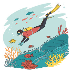 Underwater scuba diver exploring vibrant coral reef