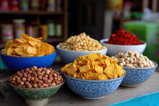 Six bowls filled with various snacks including chips cereal nuts and seasonings on a wooden surface