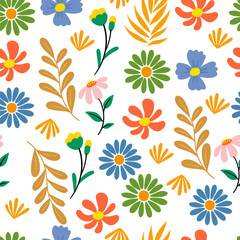 Seamless floral pattern with colorful flat design flowers and leaves on white background. Perfect for fabric, wallpaper, wrapping paper, and spring-themed design projects