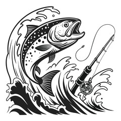 Jumping Trout with Rod – Black and White Fishing Vector Set