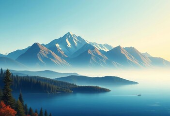 Abstract minimalist mountain range, forest, sea, and skyline vector art print, artwork, sea