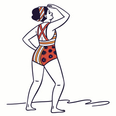 Woman in retro swimsuit looking out to sea