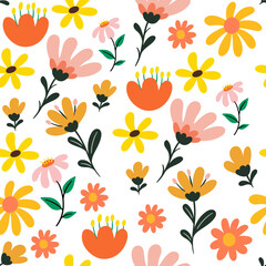 Seamless floral pattern with colorful flat design flowers and leaves on white background. Perfect for fabric, wallpaper, wrapping paper, and spring-themed design projects