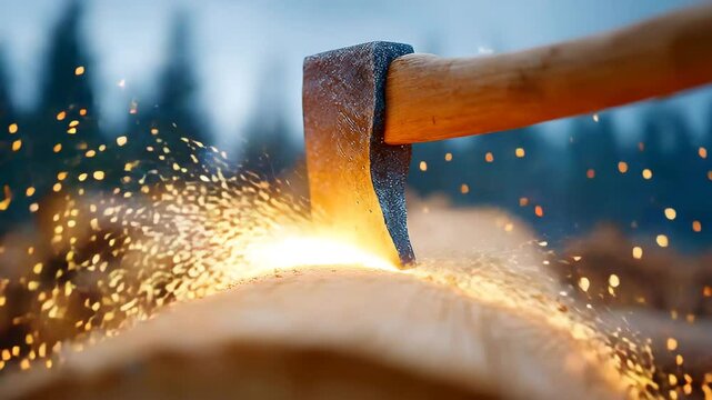 Axe striking a log: The sharp blade of an axe bites into the wood, igniting a shower of sparks and revealing the raw, textured grain of the timber, symbolizing the act of building or work