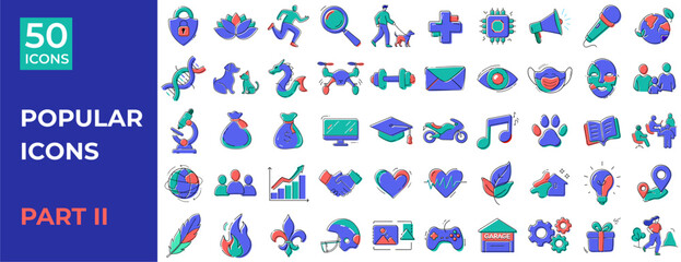 Popular icons set including health, technology, and lifestyle concepts in vibrant colors representing various themes in doodle style. Part 2