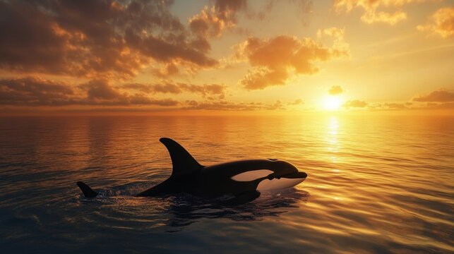 Orca Whale Emerging from Calm Waters at Sunset