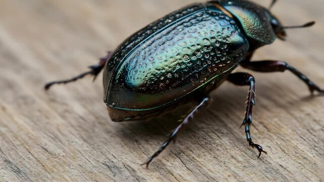 Metallic green blue beetle on wood surface