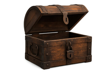 Vintage wooden treasure chest, lid raised, displaying ornate metal lock and hinges against clean white backdrop