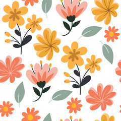 Seamless floral pattern with colorful flat design flowers and leaves on white background. Perfect for fabric, wallpaper, wrapping paper, and spring-themed design projects